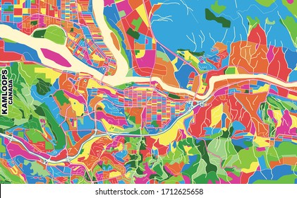 Colorful vector map of Kamloops, British Columbia, Canada. Art Map template for selfprinting wall art in landscape format.