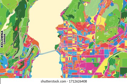 Colorful Vector Map Of Kelowna, British Columbia, Canada. Art Map Template For Selfprinting Wall Art In Landscape Format.