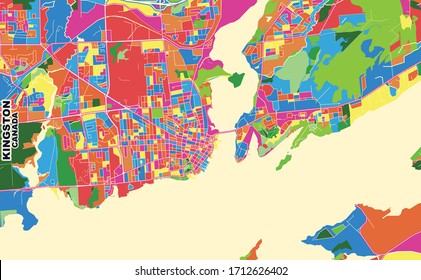 Colorful Vector Map Of Kingston, Ontario, Canada. Art Map Template For Selfprinting Wall Art In Landscape Format.