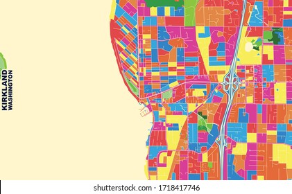 Colorful vector map of Kirkland, Washington, USA. Art Map template for selfprinting wall art in landscape format.