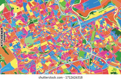 Colorful vector map of Kitchener, Ontario, Canada. Art Map template for selfprinting wall art in landscape format.