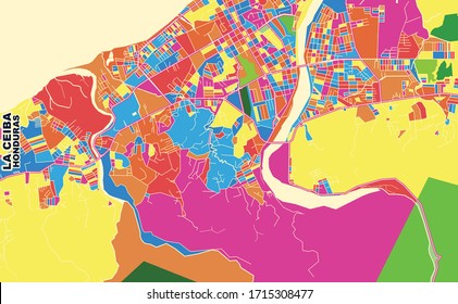 Colorful vector map of La Ceiba, Atlántida, Honduras. Art Map template for selfprinting wall art in landscape format.