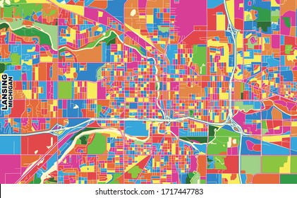 Colorful vector map of Lansing, Michigan, USA. Art Map template for selfprinting wall art in landscape format.