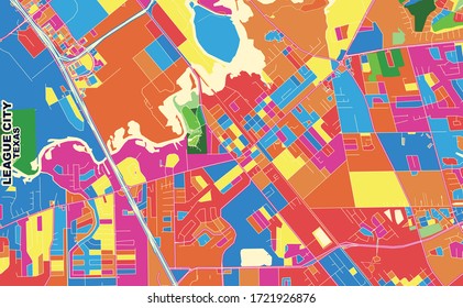 Farbige Vektorkarte von League City, Texas, USA. Art Map Vorlage für selbstdruckende Wandkunst im Landschaftsformat.