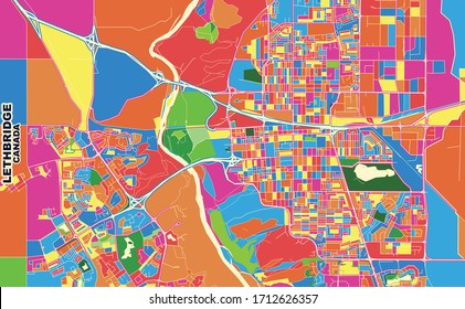 Colorful vector map of Lethbridge, Alberta, Canada. Art Map template for selfprinting wall art in landscape format.