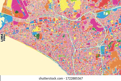 Colorful Vector Map Of Lima, Peru. Art Map Template For Selfprinting Wall Art In Landscape Format.