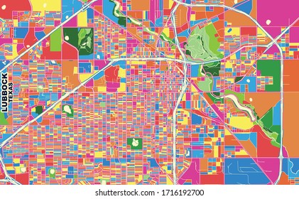 Colorful vector map of Lubbock, Texas, U.S.A.. Art Map template for selfprinting wall art in landscape format.