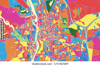 Colorful vector map of Manchester, New Hampshire, USA. Art Map template for selfprinting wall art in landscape format.