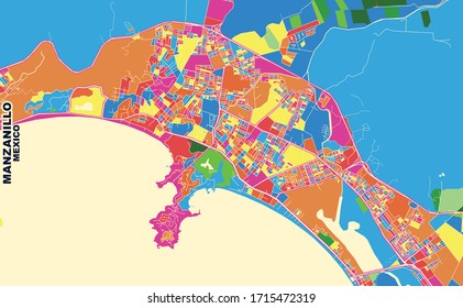 Mapa vectorial colorido de Manzanillo, Colima, México. Plantilla de Mapa de Arte para autoimprimir arte en formato paisajístico.