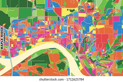 Farbige Vektorillustration Karte von Maple Ridge, British Columbia, Kanada. Art Map Vorlage für selbstdruckende Wandkunst im Landschaftsformat.