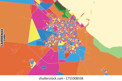 Colorful vector map of Cárdenas, Matanzas, Cuba. Art Map template for selfprinting wall art in landscape format.