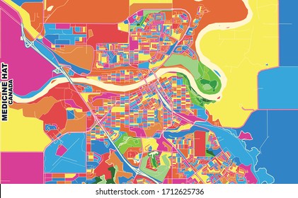 Mapa vectorial colorido de Sombrero de Medicina, Alberta, Canadá. Plantilla de Mapa de Arte para autoimprimir arte en formato paisajístico.