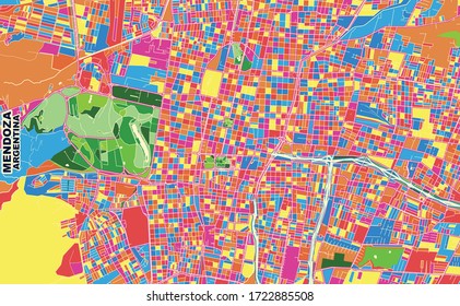 Colorido mapa vectorial de Mendoza, Argentina. Plantilla de Mapa de Arte para autoimprimir arte en formato paisajístico.