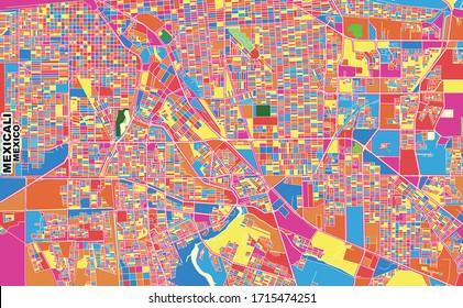 Colorful vector map of Mexicali, Baja California, Mexico. Art Map template for selfprinting wall art in landscape format.