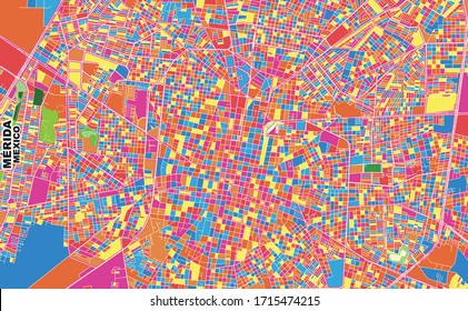 Colorido mapa vectorial de Mérida, Yucatán, México. Plantilla de Mapa de Arte para autoimprimir arte en formato paisajístico.