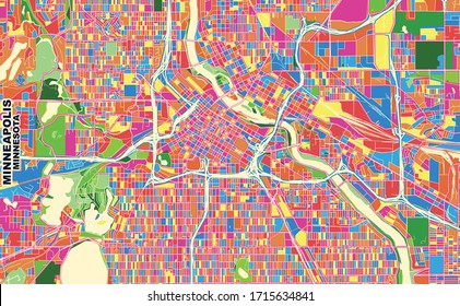 Colorful vector map of Minneapolis, Minnesota, U.S.A.. Art Map template for selfprinting wall art in landscape format.