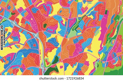 Colorful vector map of Mission Viejo, California, USA. Art Map template for selfprinting wall art in landscape format.