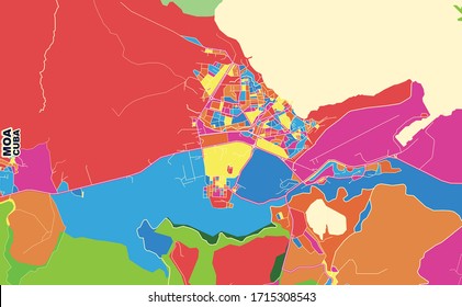 Colorful vector map of Moa, Holguín, Cuba. Art Map template for selfprinting wall art in landscape format.