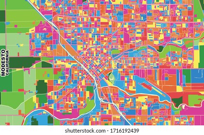Colorful vector map of Modesto, California, USA. Art Map template for selfprinting wall art in landscape format.