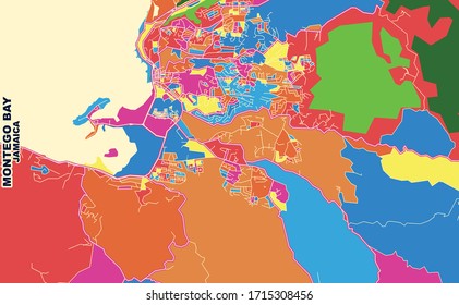 Colorful Vector Map Of Montego Bay, Saint Catherine, Jamaica. Art Map Template For Selfprinting Wall Art In Landscape Format.