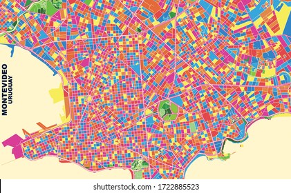 Colorful vector map of Montevideo, Uruguay. Art Map template for selfprinting wall art in landscape format.