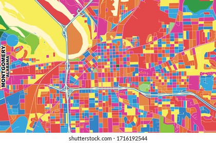 Mapa vectorial colorido de Montgomery, Alabama, Estados Unidos. Plantilla de Mapa de Arte para autoimprimir arte en formato paisajístico.