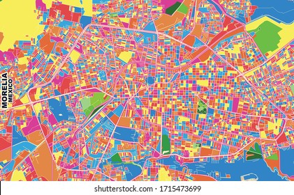 Colorful vector map of Morelia, Michoacán, Mexico. Art Map template for selfprinting wall art in landscape format.