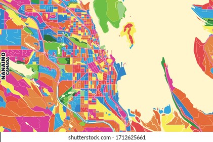 Farbige Vektorillustration Karte von Nanaimo, British Columbia, Kanada. Art Map Vorlage für selbstdruckende Wandkunst im Landschaftsformat.