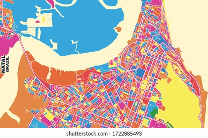 Mapa vectorial colorido de Natal, Brasil. Plantilla de Mapa de Arte para autoimprimir arte en formato paisajístico.