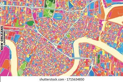 Farbige Vektorillustration-Karte von New Orleans, Louisiana, U.S.A. Art Map Vorlage für selbstdruckende Wandkunst im Landschaftsformat.