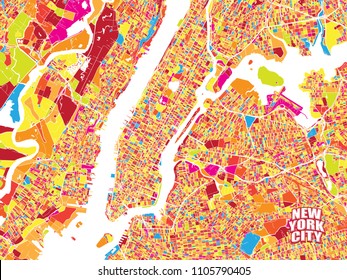 Colorful vector map of New York City. Very detailled version without bridges and names. NYC logo grouped seperatly.