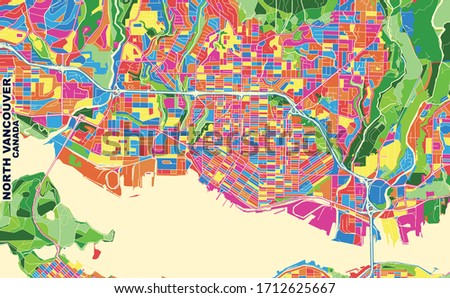 Colorful vector map of North Vancouver, British Columbia, Canada. Art Map template for selfprinting wall art in landscape format.