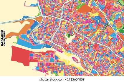 Colorful vector map of Oakland, California, U.S.A.. Art Map template for selfprinting wall art in landscape format.