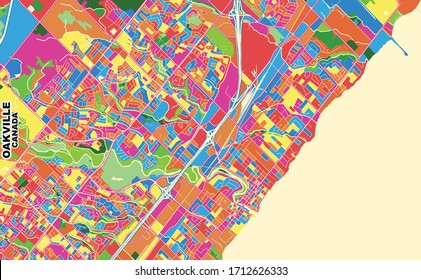 Colorful vector map of Oakville, Ontario, Canada. Art Map template for selfprinting wall art in landscape format.