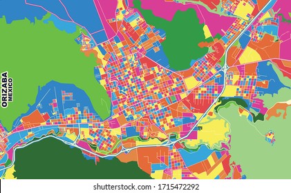 Colorful vector map of Orizaba, Veracruz, Mexico. Art Map template for selfprinting wall art in landscape format.