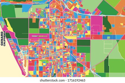 Colorful vector map of Oxnard, California, USA. Art Map template for selfprinting wall art in landscape format.