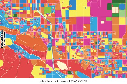 Mapa vectorial colorido de Palmdale, California, EE.UU. Plantilla de Mapa de Arte para autoimprimir arte en formato paisajístico.