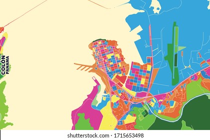 Colorful vector map of Colón, Colón, Panama. Art Map template for selfprinting wall art in landscape format.