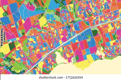 Colorful vector map of Pickering, Ontario, Canada. Art Map template for selfprinting wall art in landscape format.