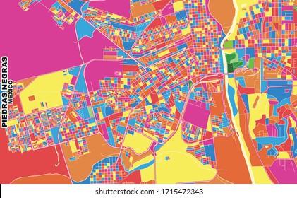 Colorful vector map of Piedras Negras, Coahuila, Mexico. Art Map template for selfprinting wall art in landscape format.