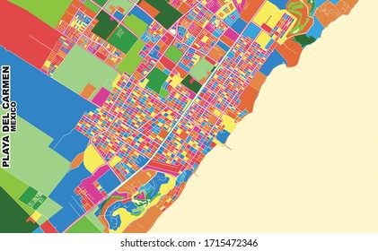 Colorful vector map of Playa del Carmen, Quintana Roo, Mexico. Art Map template for selfprinting wall art in landscape format.