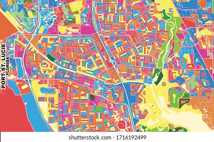 Colorful vector map of Port St. Lucie, Florida, USA. Art Map template for selfprinting wall art in landscape format.