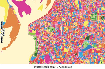 Colorful vector map of Porto Alegre, Brazil. Art Map template for selfprinting wall art in landscape format.