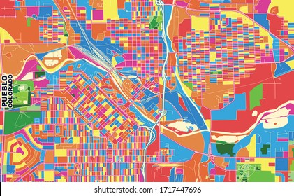 Colorful Vector Map Of Pueblo, Colorado, USA. Art Map Template For Selfprinting Wall Art In Landscape Format.