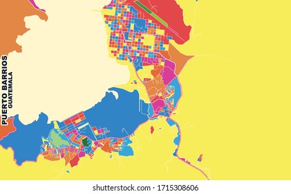 Colorful vector map of Puerto Barrios, Izabal, Guatemala. Art Map template for selfprinting wall art in landscape format.