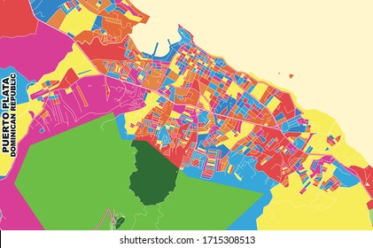 Farbige Vektorillustration Karte von Puerto Plata, Puerto Plata, Dominikanische Republik. Art Map Vorlage für selbstdruckende Wandkunst im Landschaftsformat.