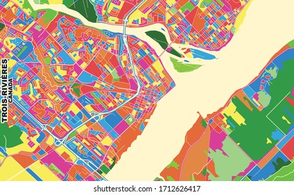 Colorful vector map of Trois-Rivières, Quebec, Canada. Art Map template for selfprinting wall art in landscape format.