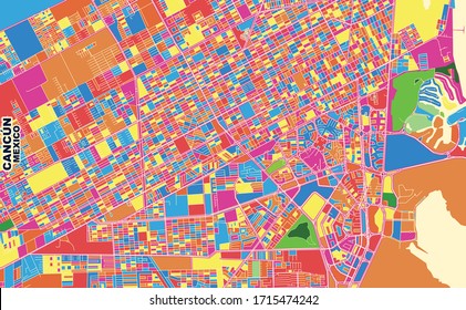 Colorido mapa vectorial de Cancún, Quintana Roo, México. Plantilla de Mapa de Arte para autoimprimir arte en formato paisajístico.