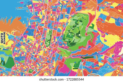 Colorido mapa vectorial de Quito, Ecuador. Plantilla de Mapa de Arte para autoimprimir arte en formato paisajístico.