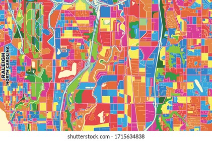 Colorful vector map of Raleigh, North Carolina, U.S.A.. Art Map template for selfprinting wall art in landscape format.